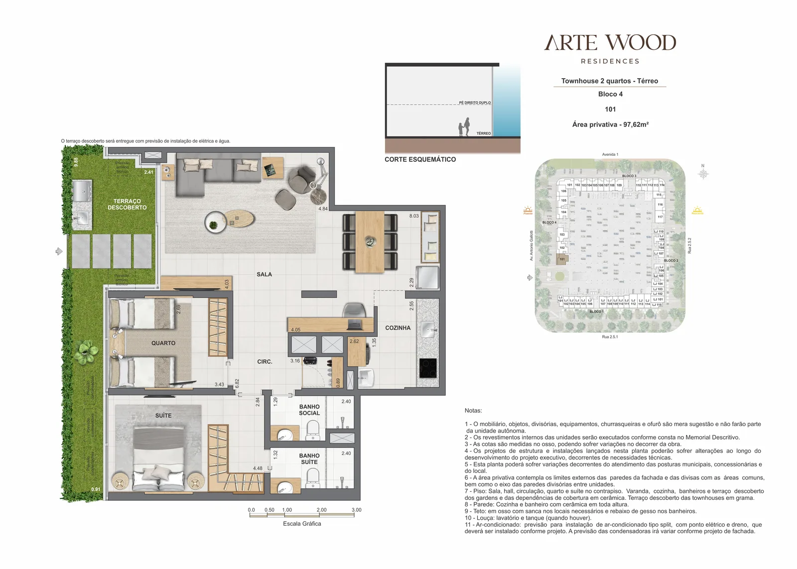 Planta townhouse com área privativa