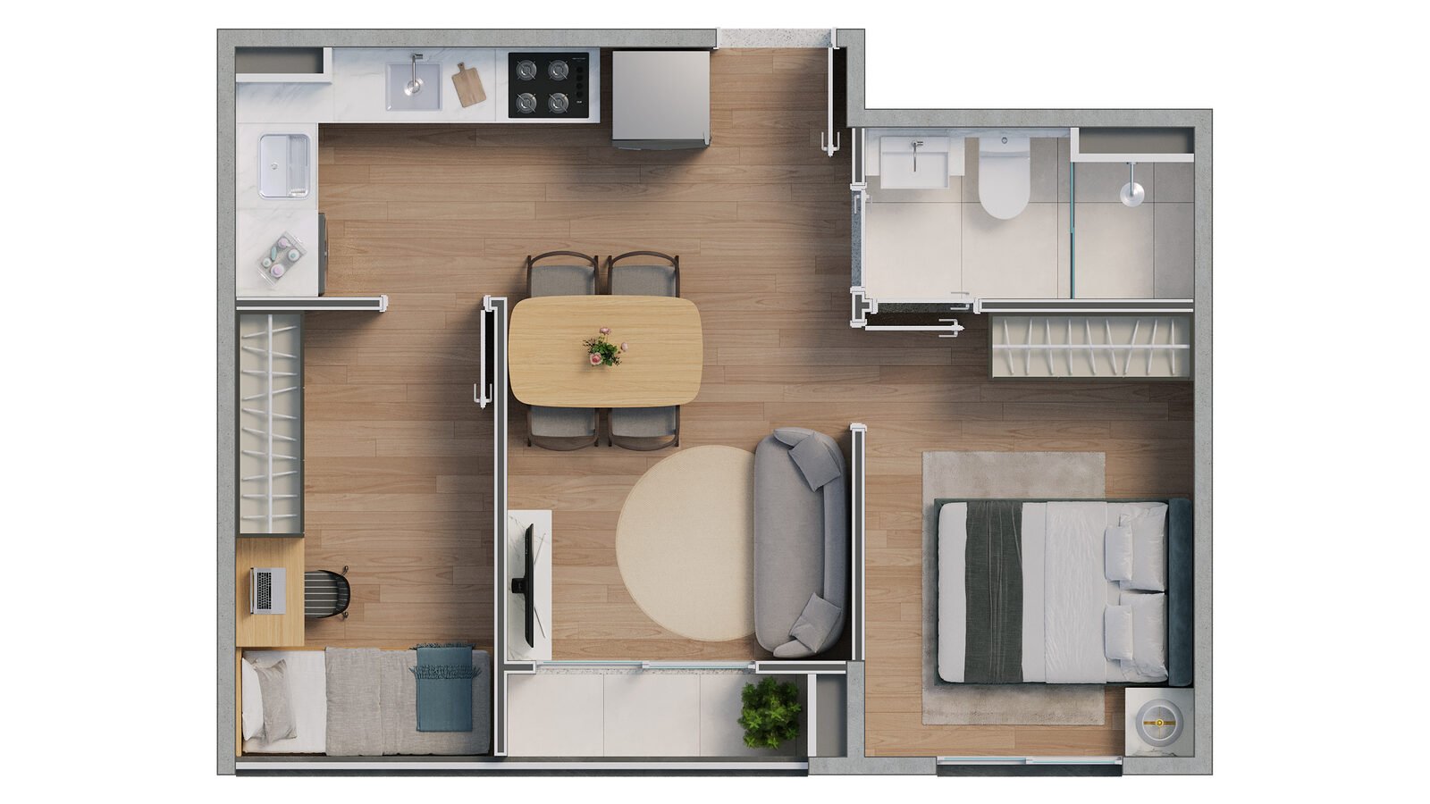Planta 2 quartos com suite Alma Carioca