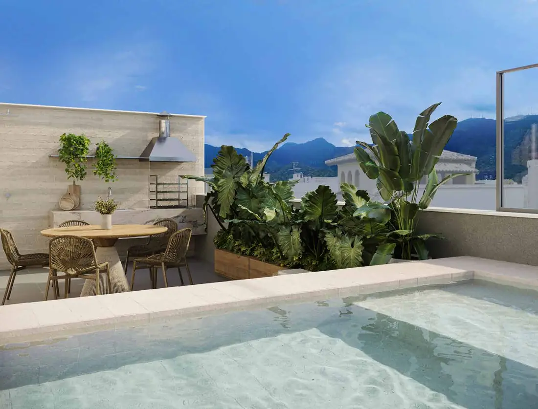 Terraço com piscina da cobertura duplex do Arc Ipanema