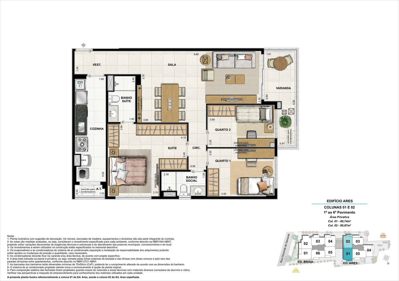 Ed. Ares, colunas 1 e 2, 3 quartos, 90,74 e 90,87 m²