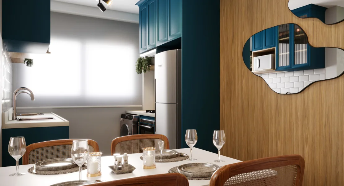 Sala e cozinha de um apartamento de 2 quartos do Bosque Jacarepaguá