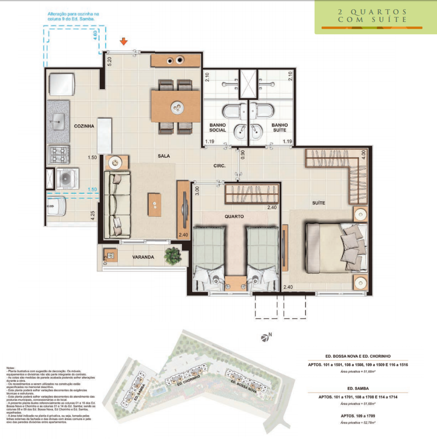 Planta baixa, 2 quartos com suíte, 51 m², Carioca Residencial