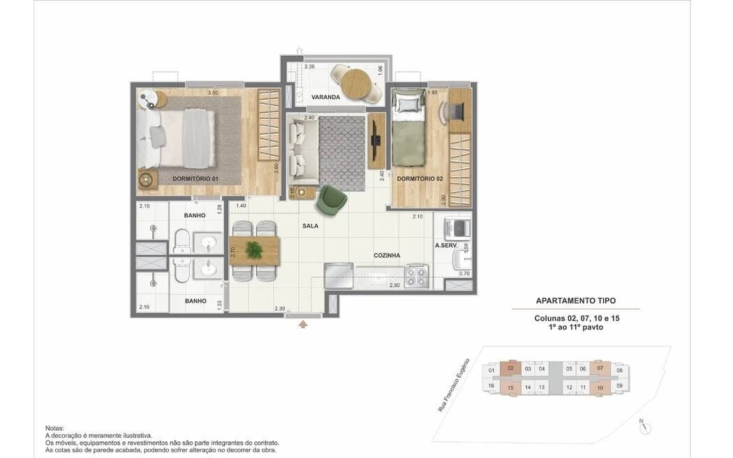 Planta de 2 quartos com suíte