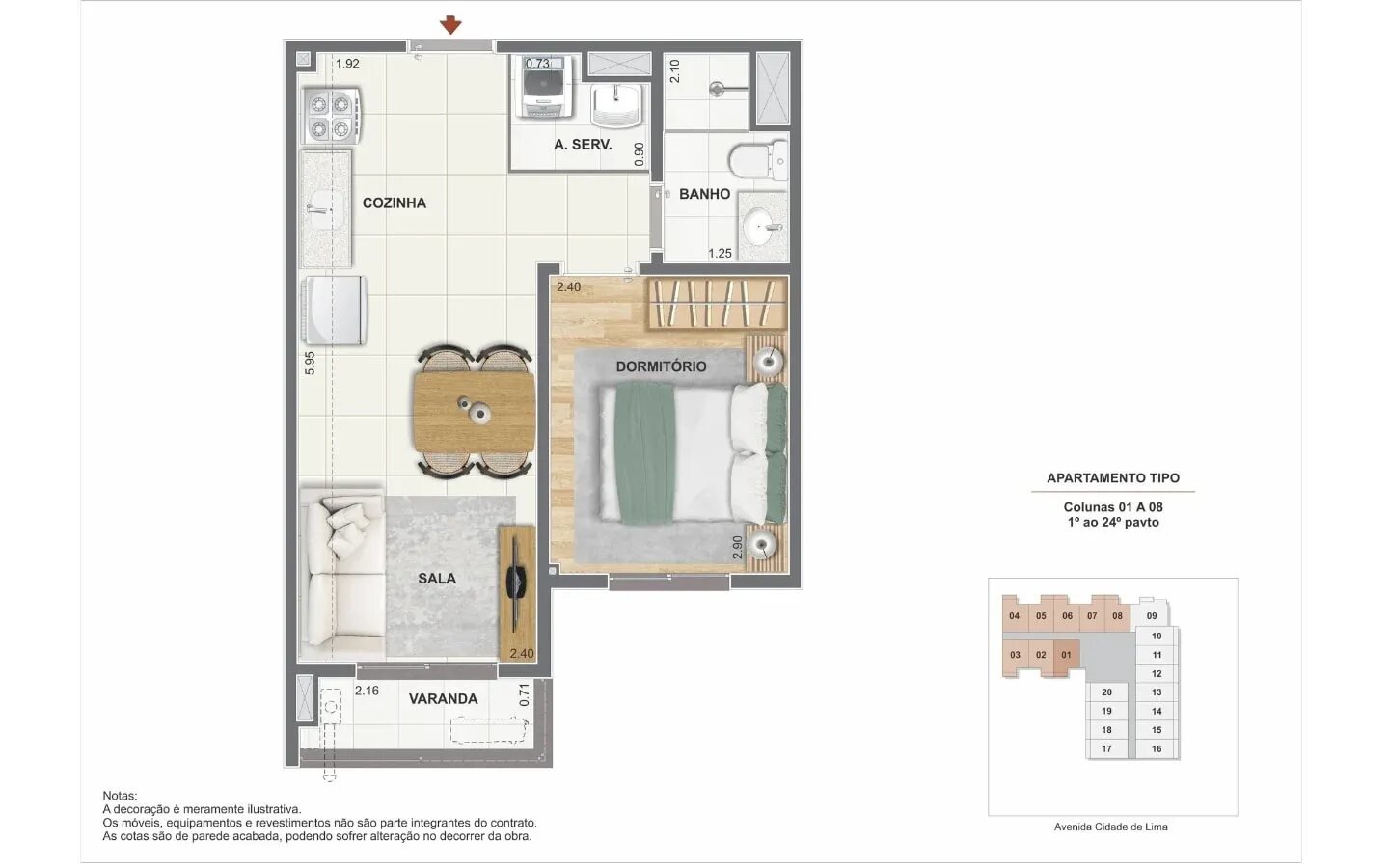 Planta de 1 quarto com varanda
