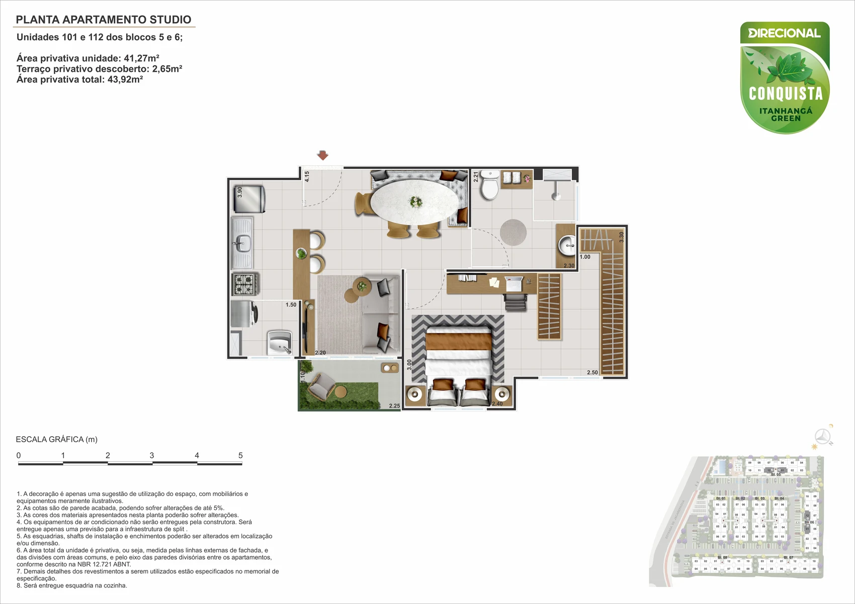 Planta terreo 1 quarto 43 m2 Conquista Itanhanga Green