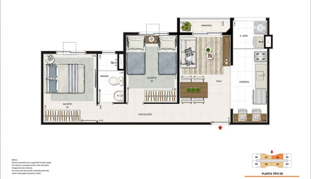 2 quartos, 47,52 m²