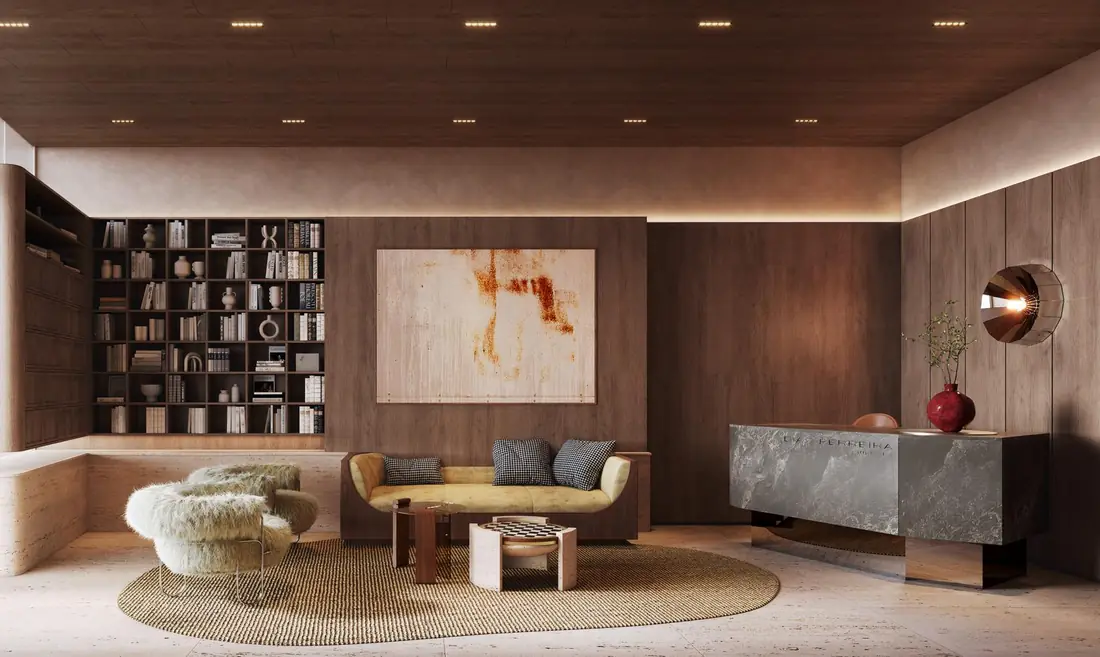Lobby com biblioteca do Dias Ferreira Leblon Studios