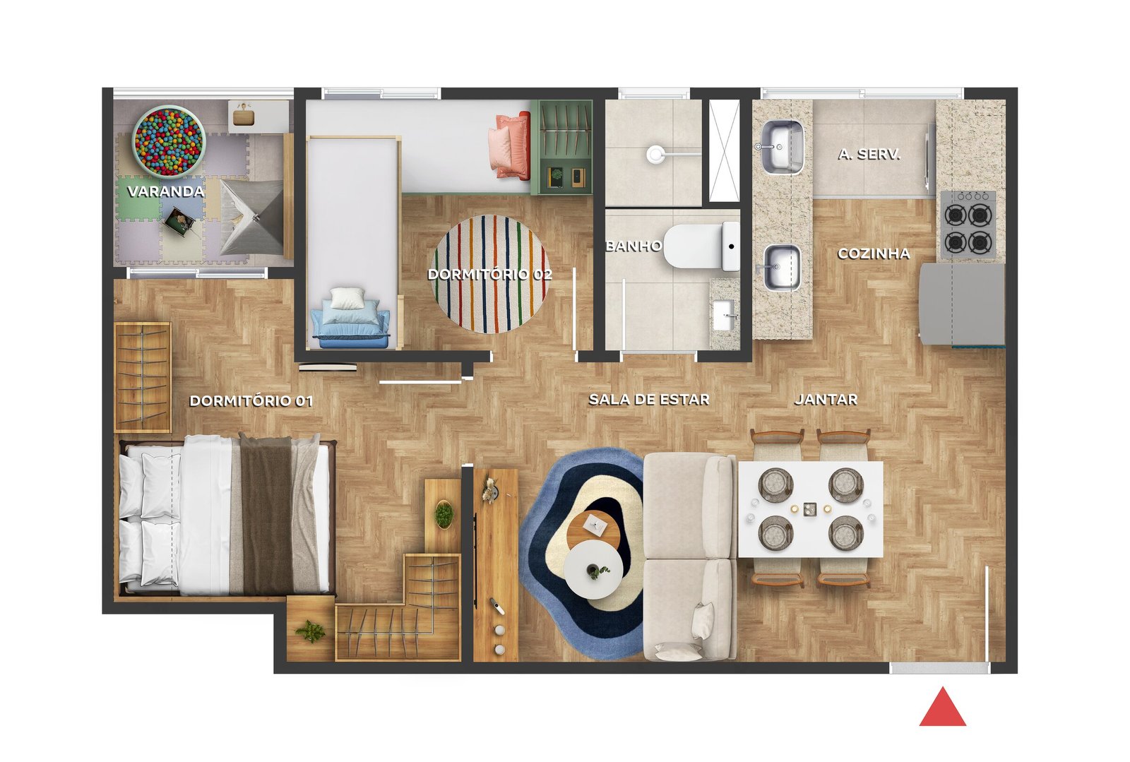 Planta de 2 quartos com varanda