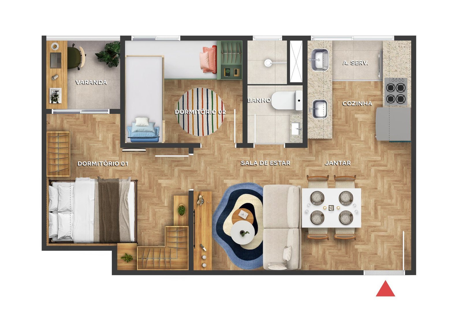 Planta de 2 quartos com varanda