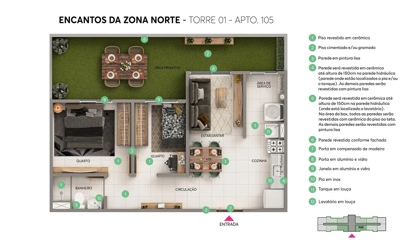 Planta garden 2 quartos com area privativa 60 m2 Encantos da Zona Norte