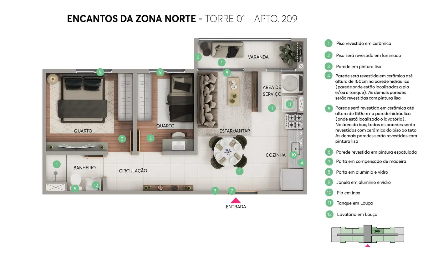 Planta 2 quartos 40 m2 Encantos da Zona Norte