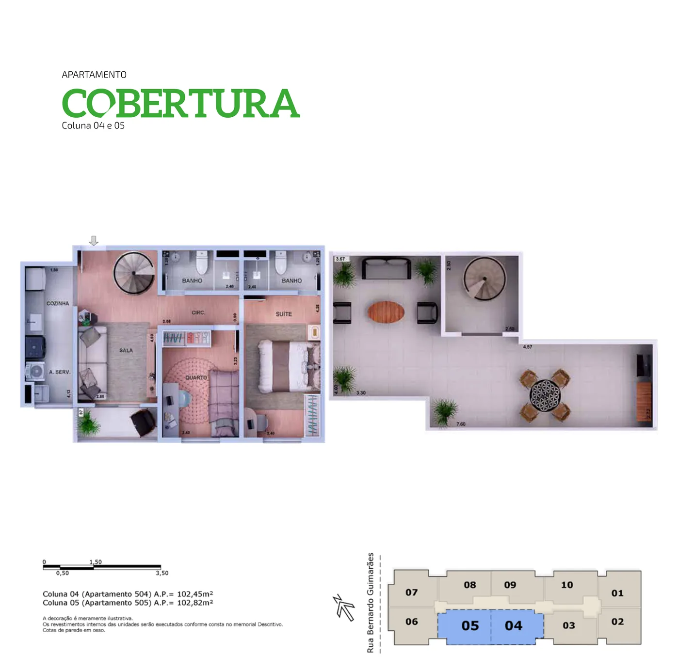 Cobertura 2 quartos com suíte, colunas 04 e 05 (102,45 m²)