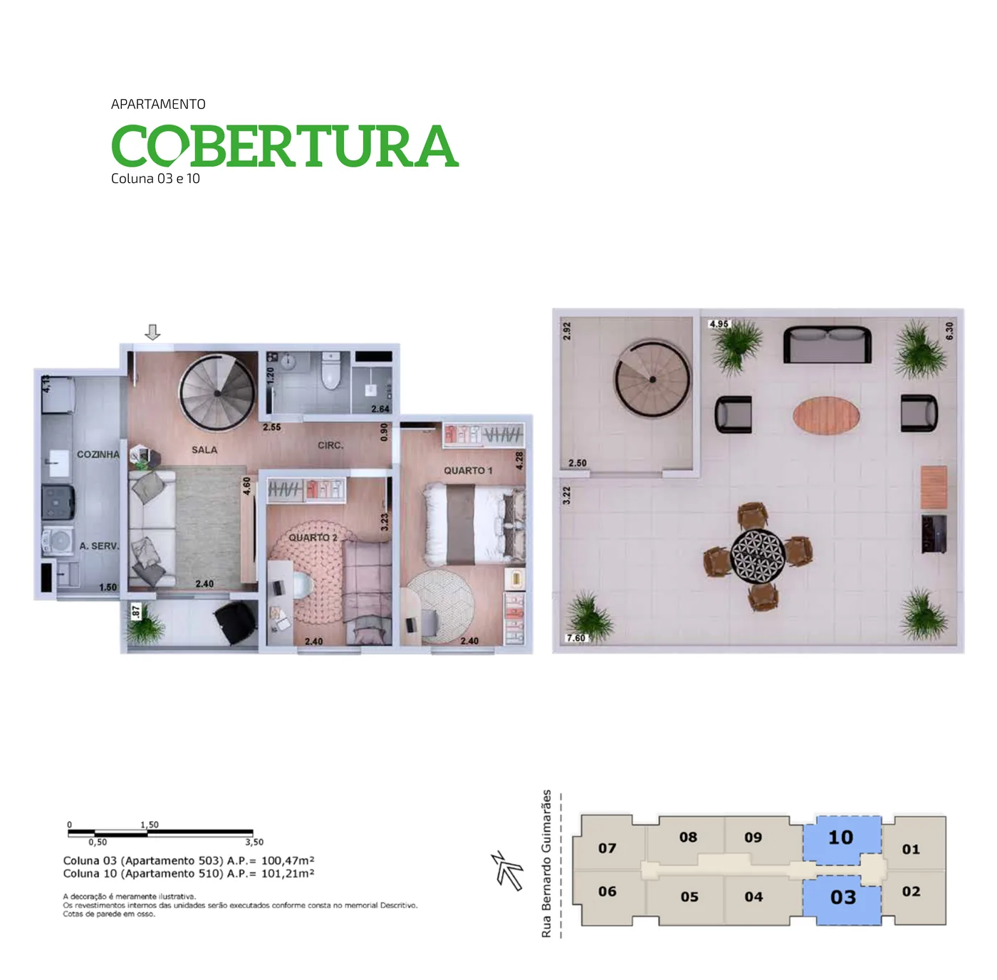 Cobertura 2 quartos, colunas 03 e 10 (unidade 510: 101,21 m²)