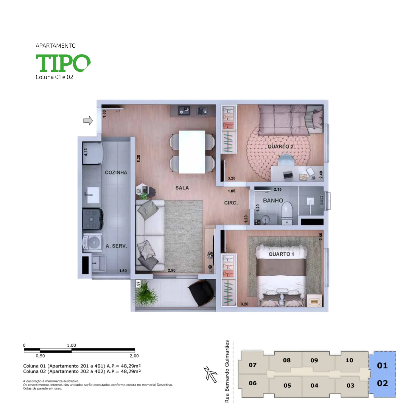 Apartamento tipo, colunas 01 e 02