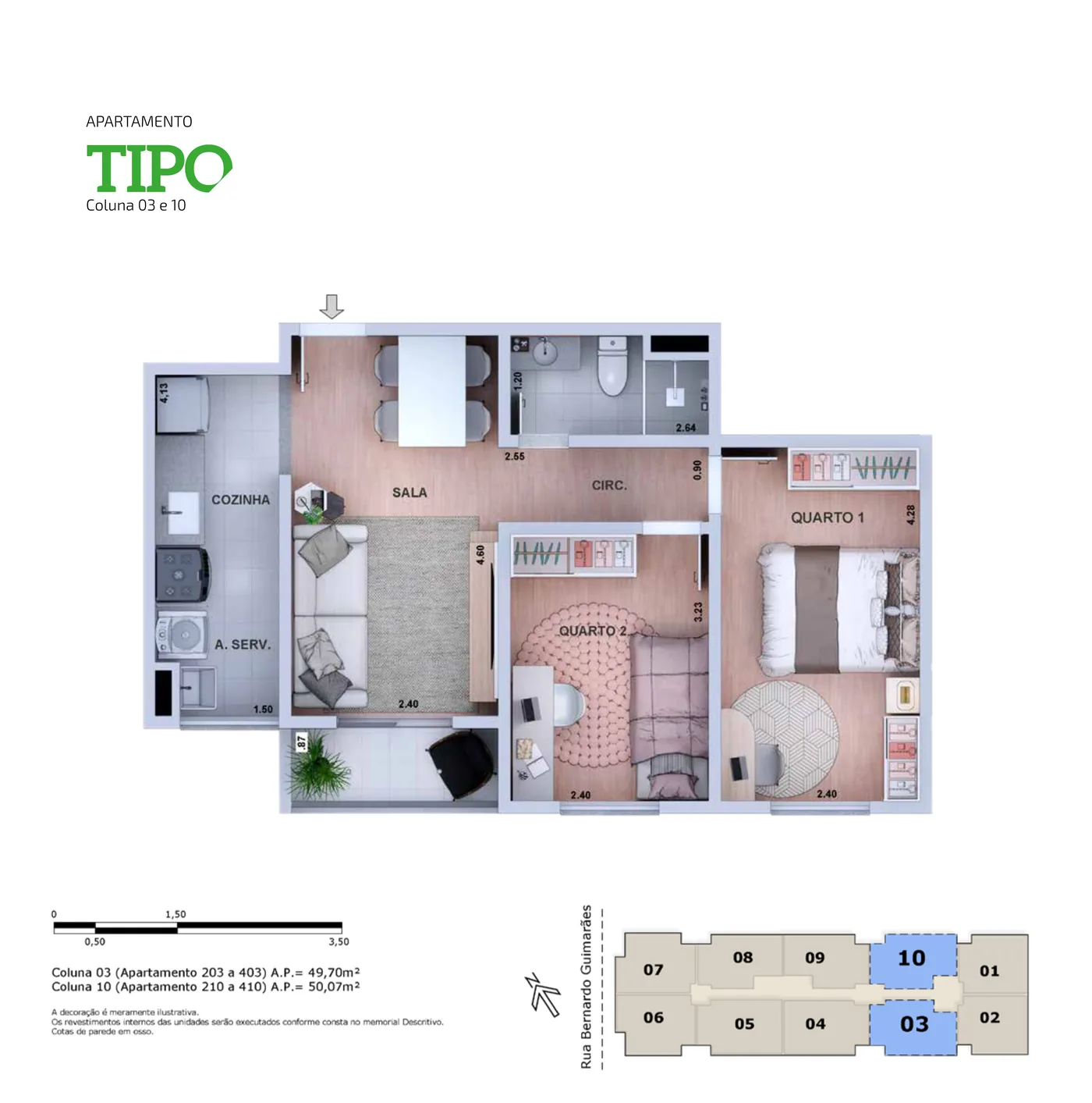 Apartamento tipo, colunas 03 e 10