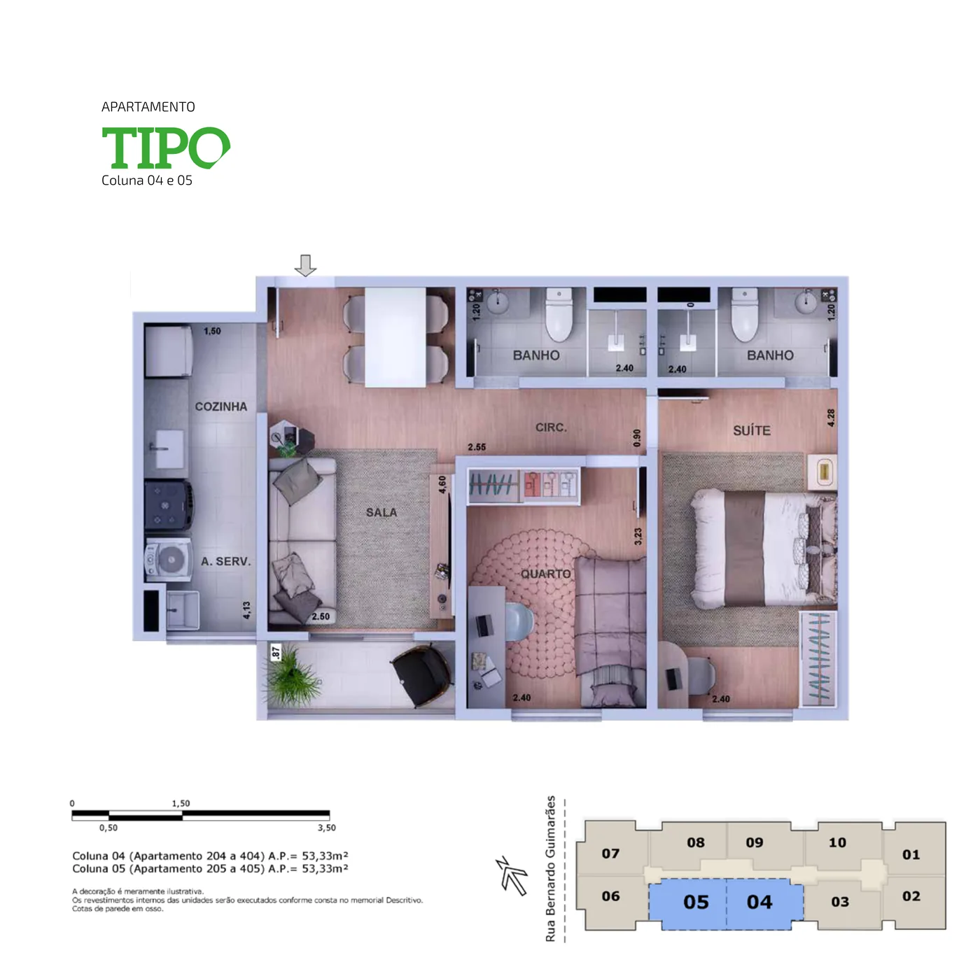 Apartamento tipo, colunas 04 e 05