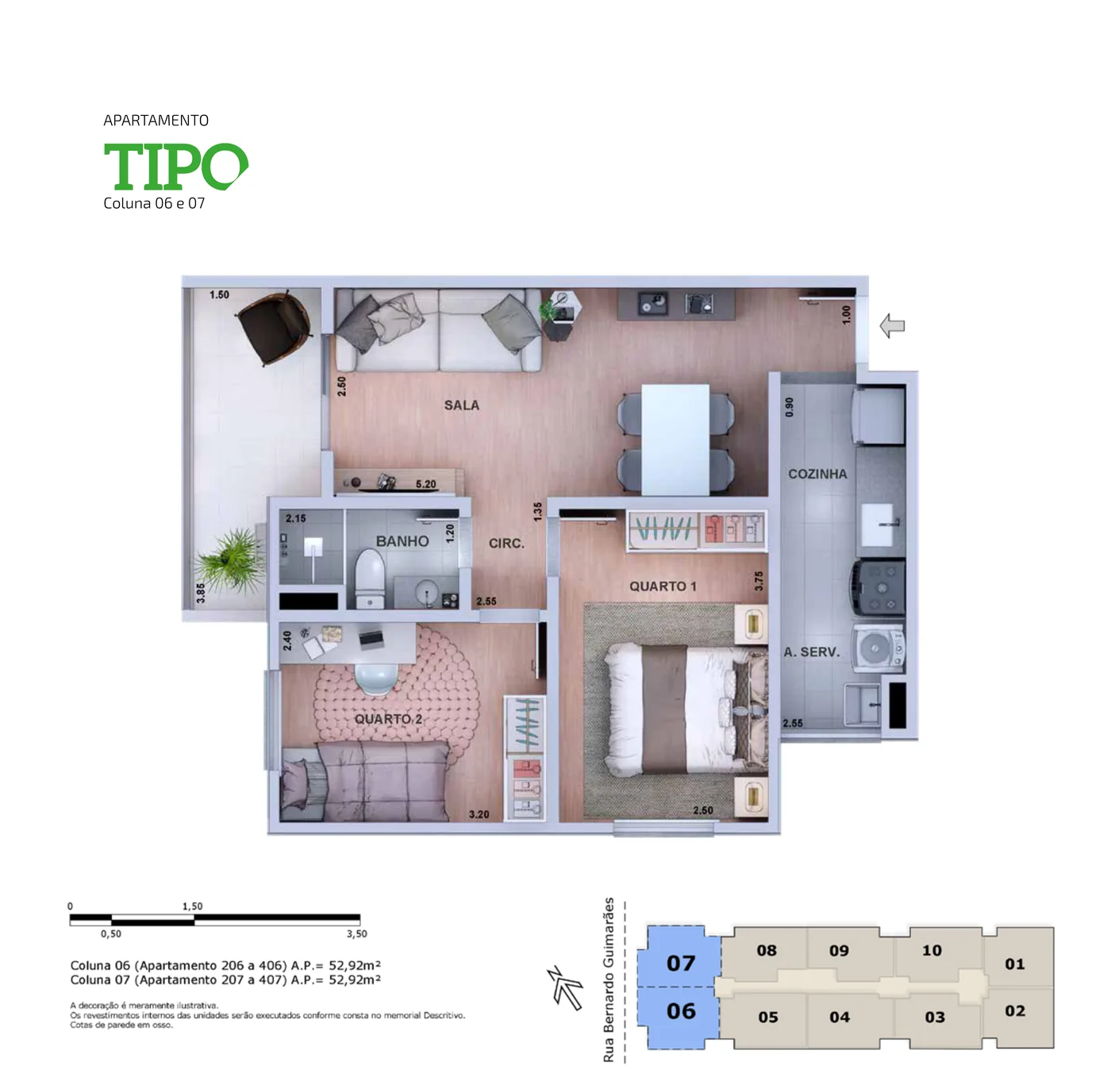 Apartamento tipo, colunas 06 e 07
