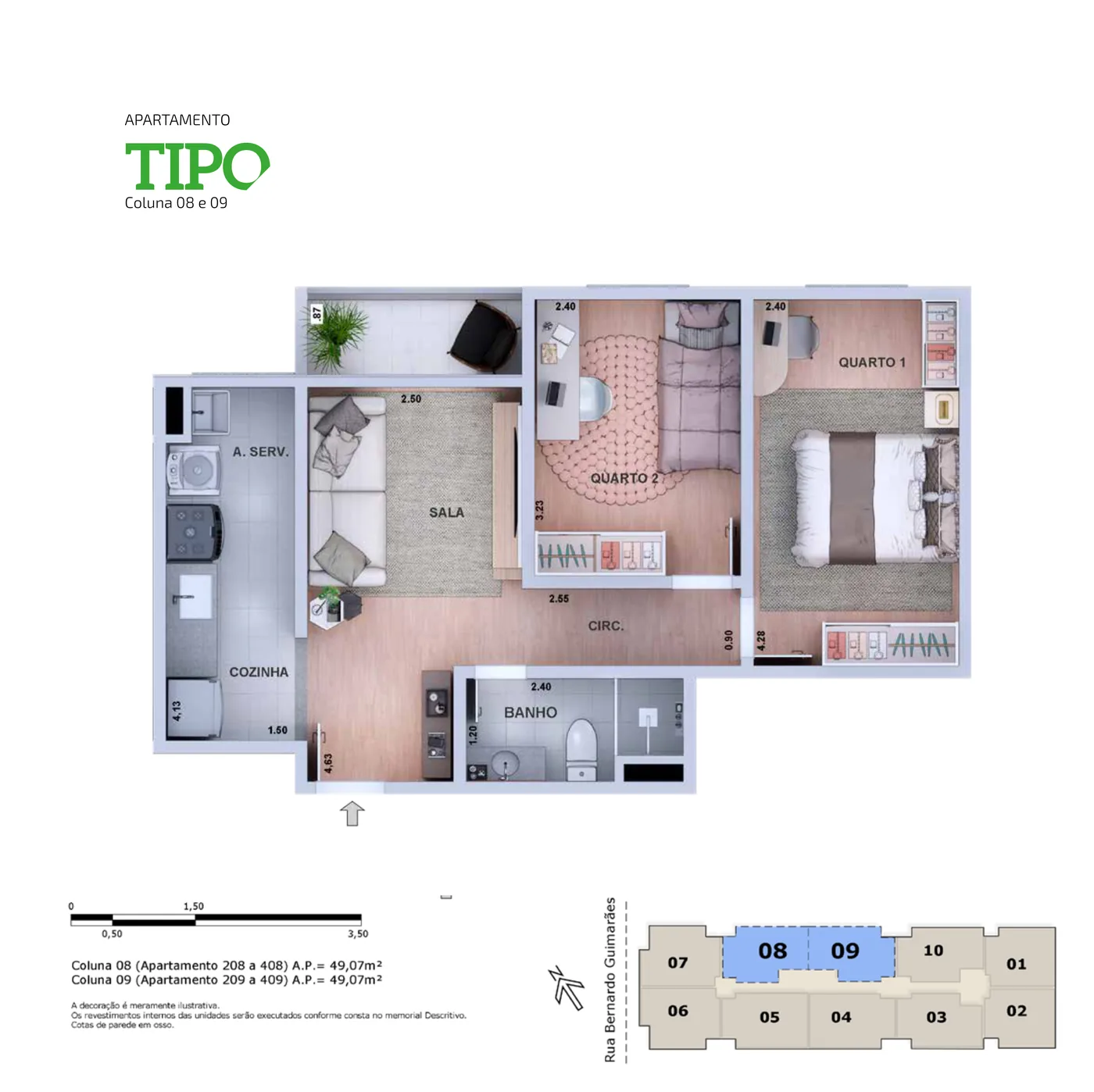 Apartamento tipo, colunas 08 e 09