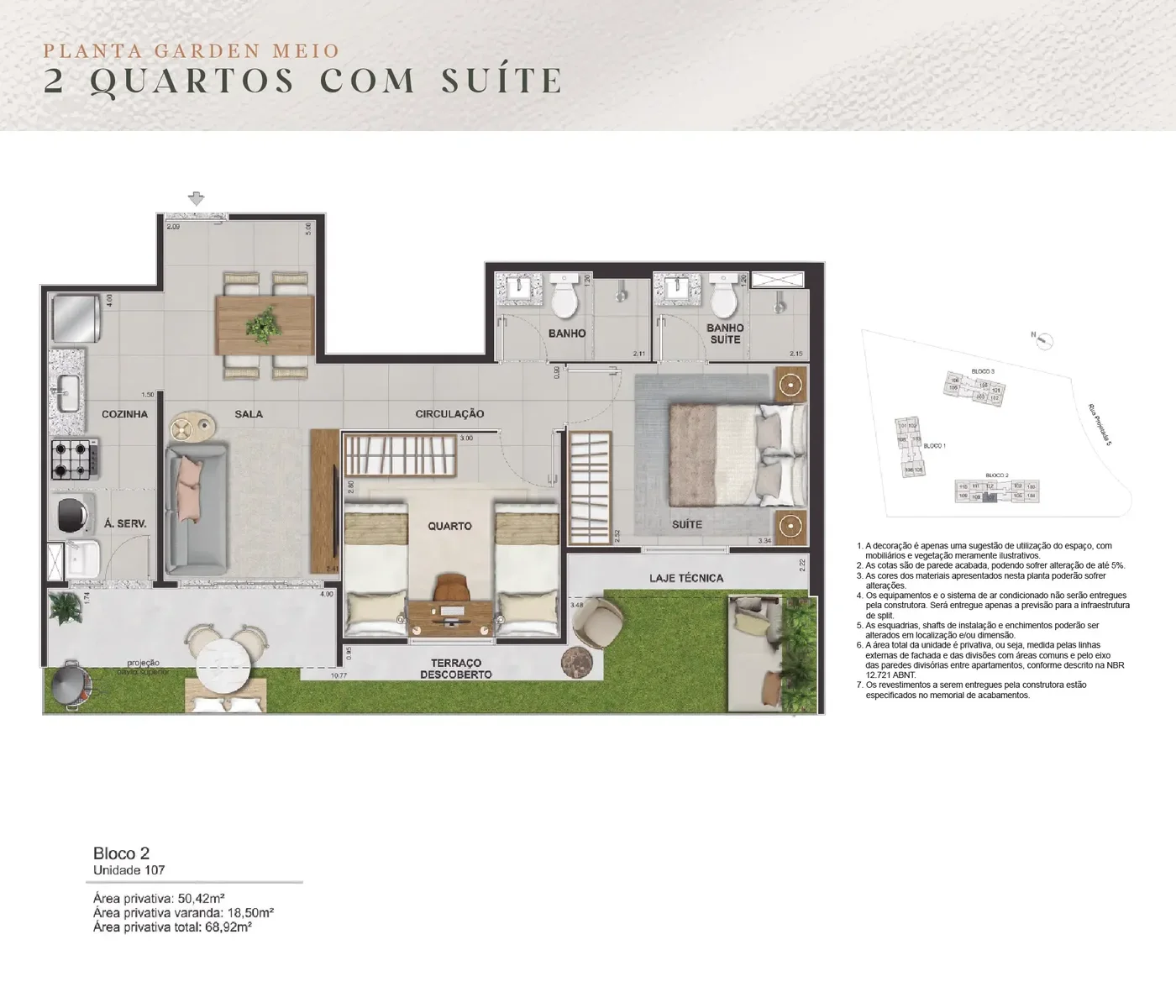 Planta de 2 quartos com suíte do Ilhamar