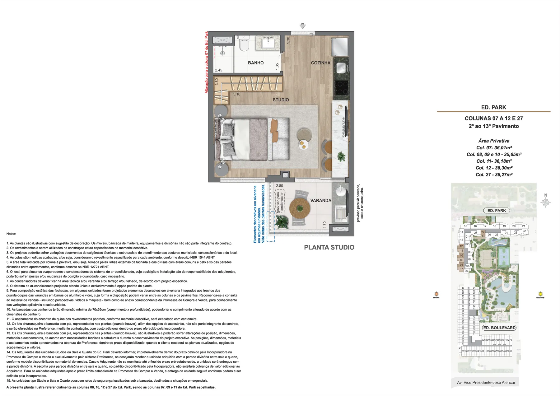 Planta de studio ou sala e quarto do In The Park Cidade Jardim, desenho 3