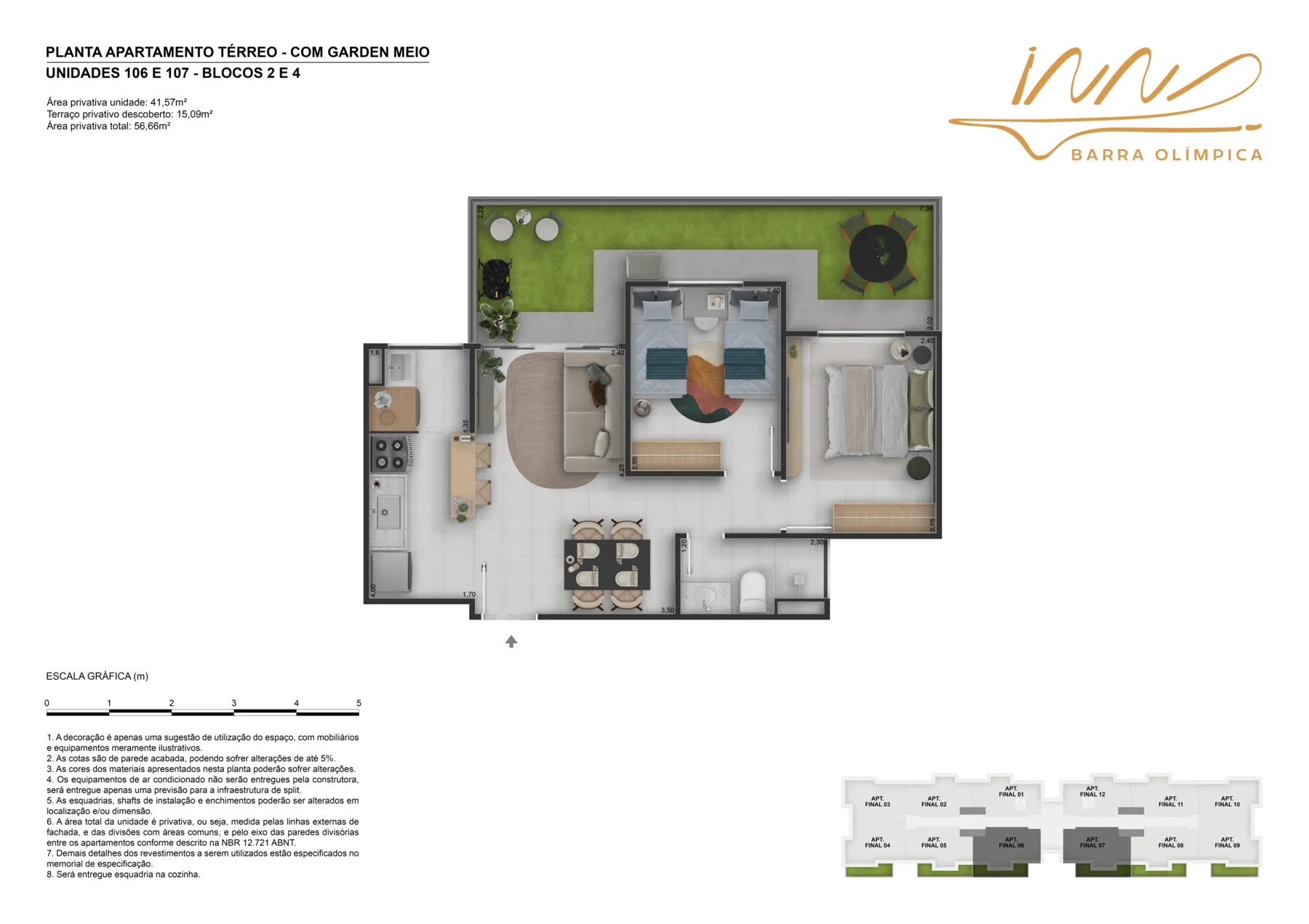 Planta garden 2 quartos 56 m2 Inn Barra Olimpica