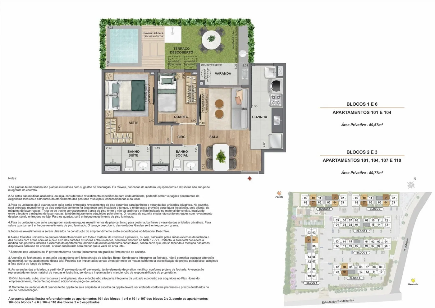 Planta garden 2 quartos com suíte 59 m² Living Vista Parque