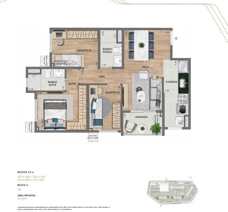 Planta 3 quartos 60 m² no Living Wellness Grajaú