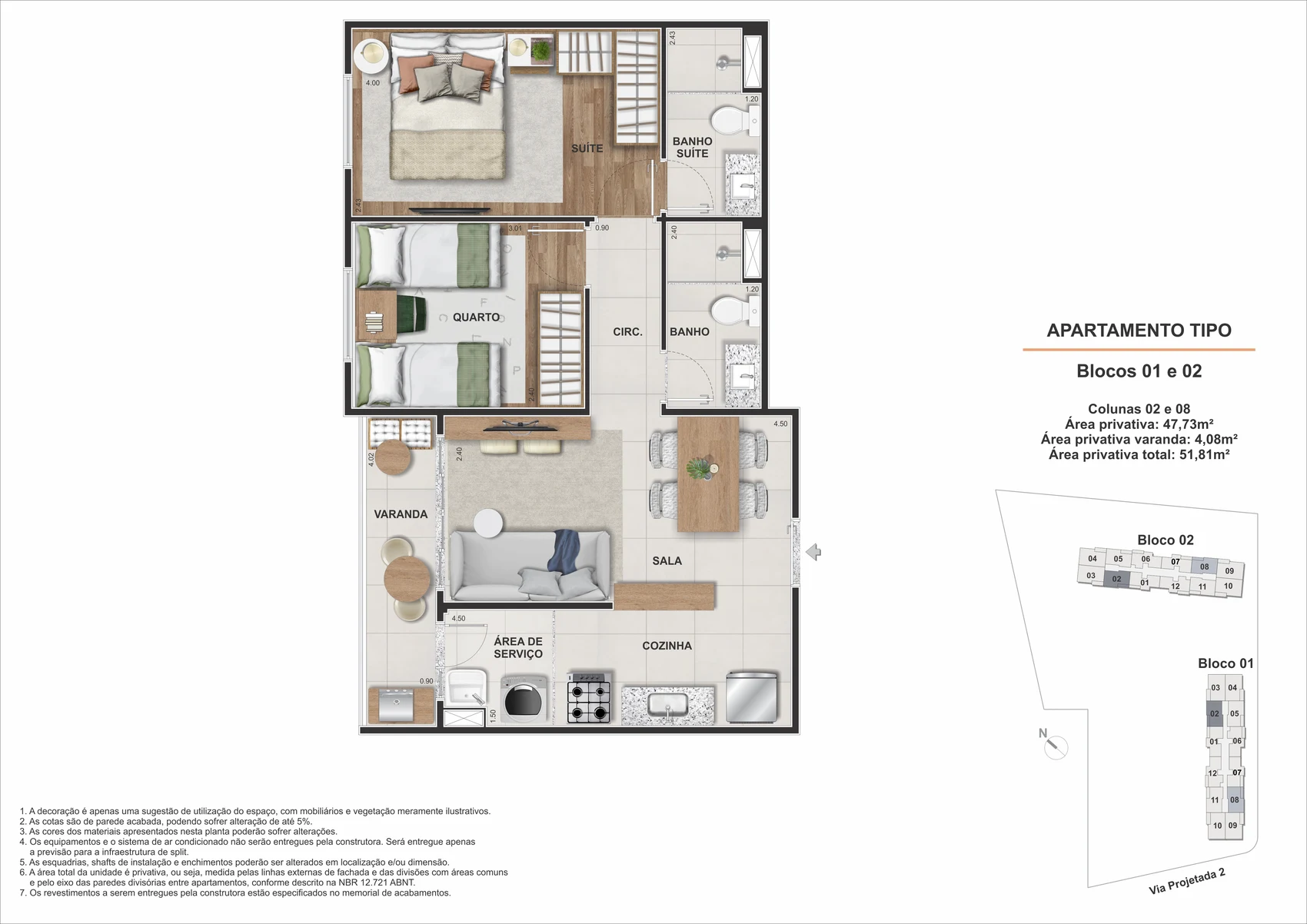 Planta tipo 2 quartos com suite 53,42 m2 - Marine Barra