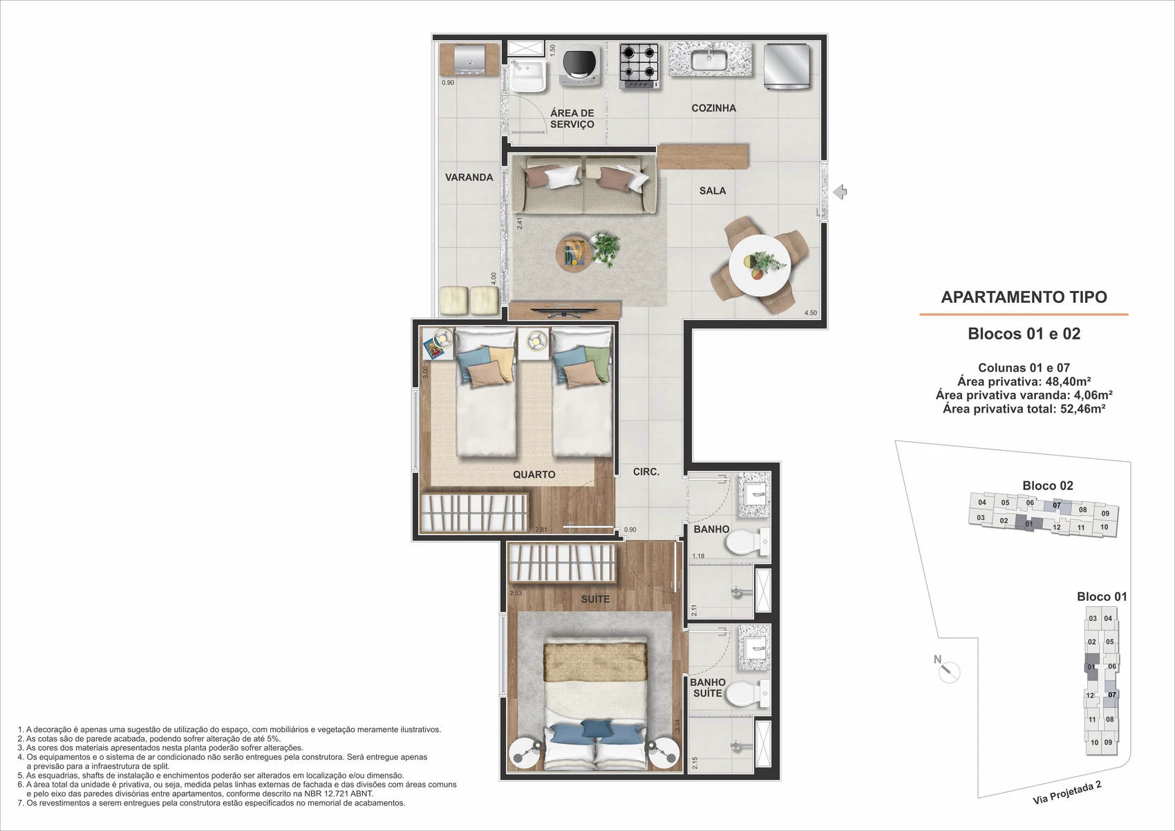 Planta tipo 3 quartos com suite 59,94 m2 - Marine Barra