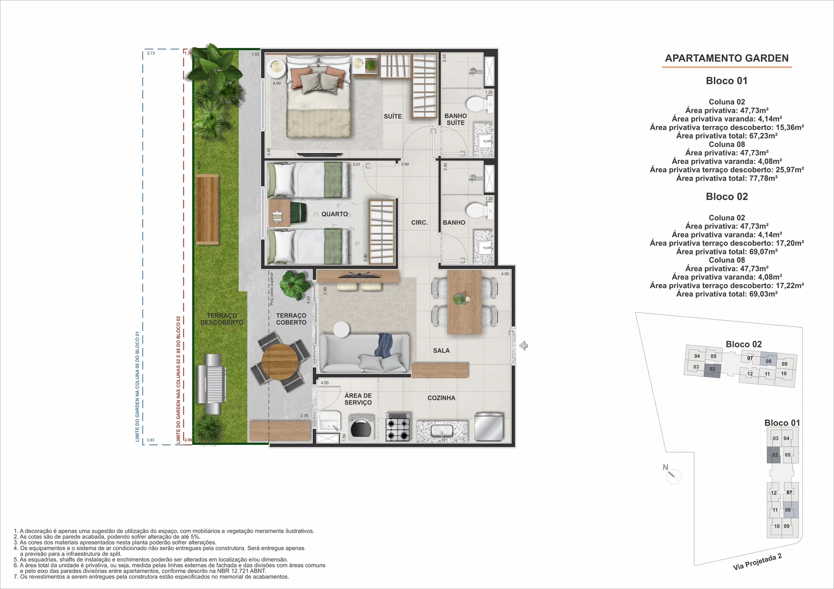 Planta garden 2 quartos com suite 67 m2 - Marine Barra