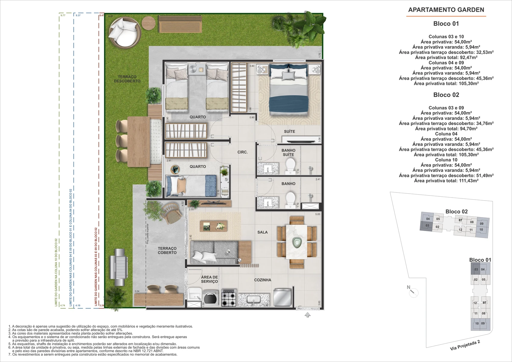 Planta garden 3 quartos com suite 105 m2 - Marine Barra