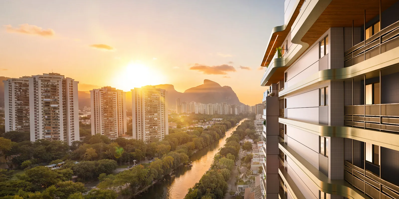 Vista da varanda para a Pedra da Gávea ao entardecer