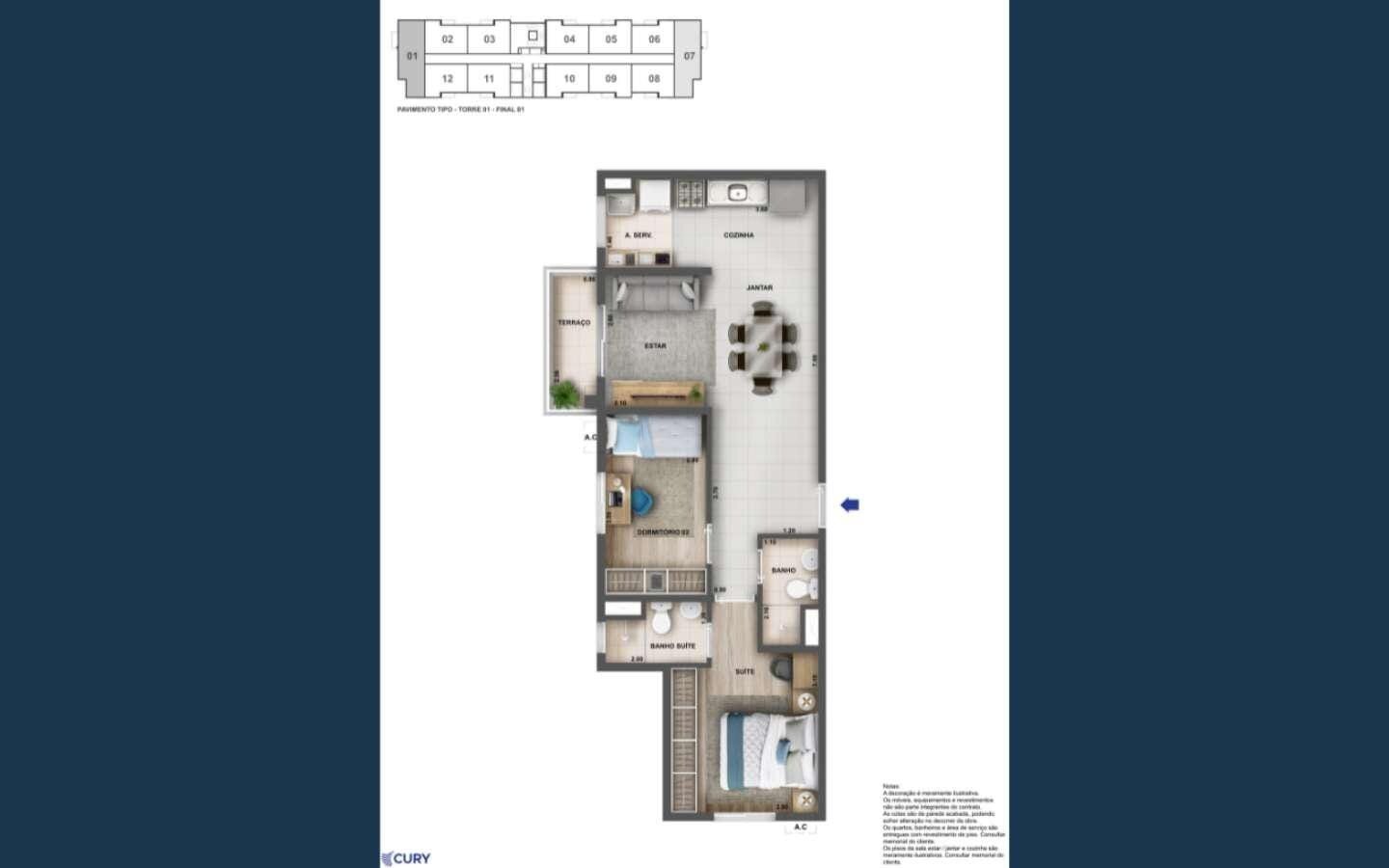 Planta de 2 quartos com suíte