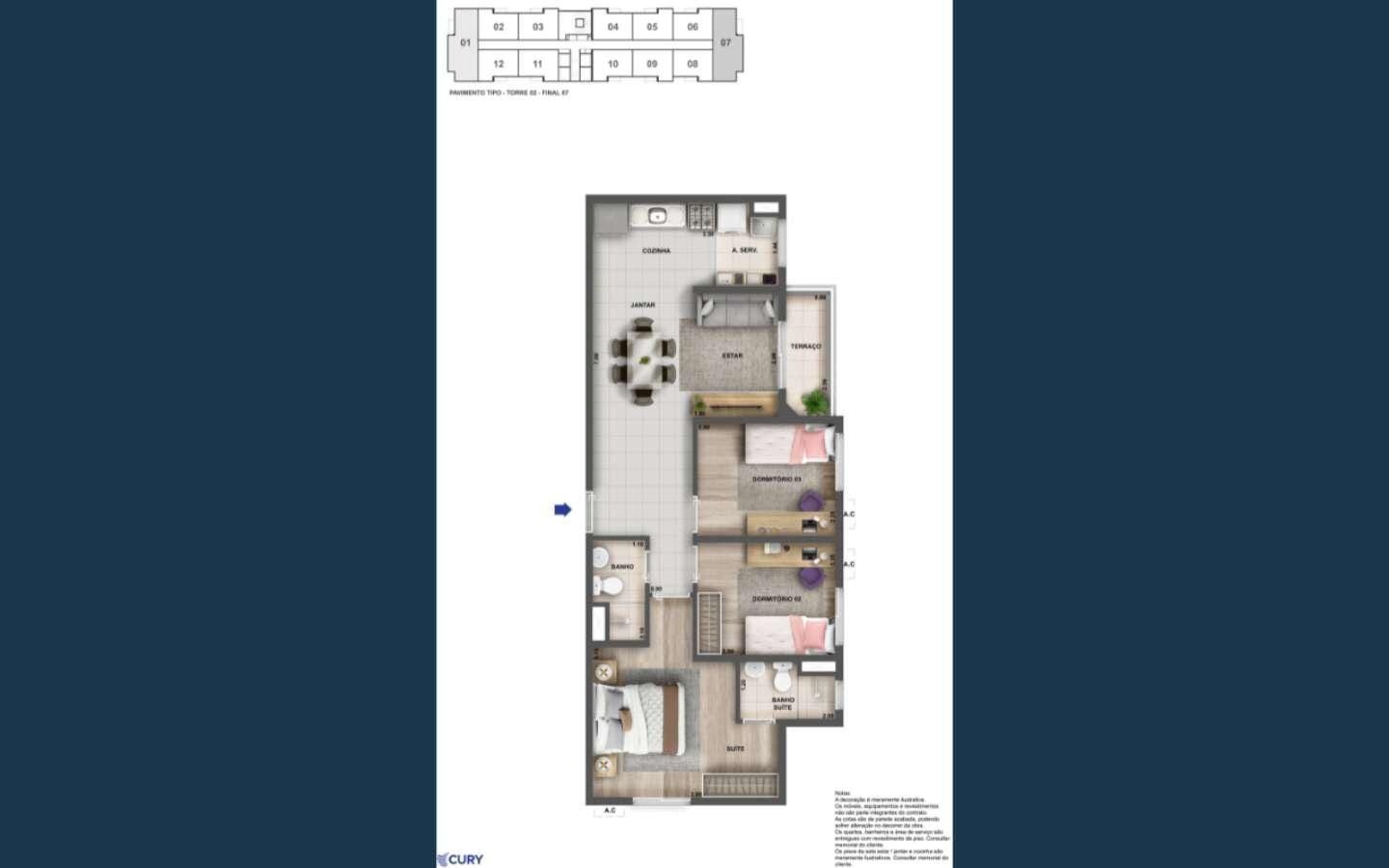 Planta de 3 quartos com suíte