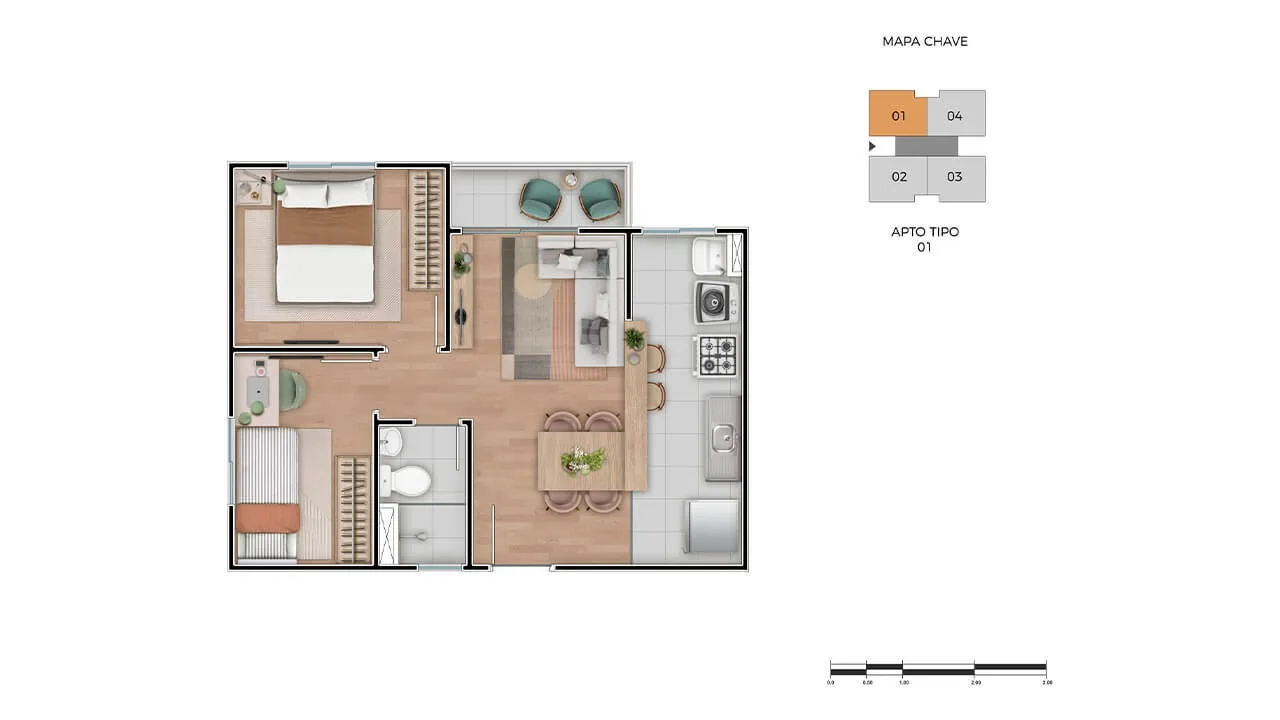 Planta 2 quartos com varanda Novo Lar Alameda Campo Grande