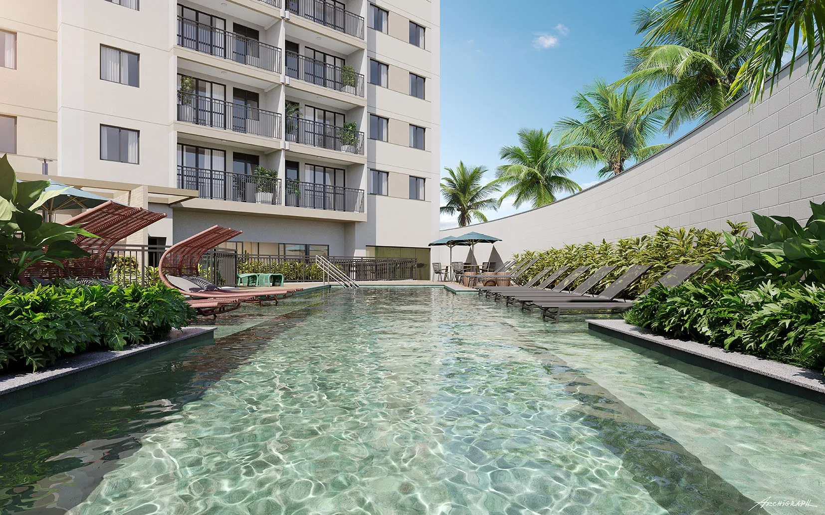 Piscina adulto com deck molhado - Origem Porto Imperial Riva no Porto Maravilha