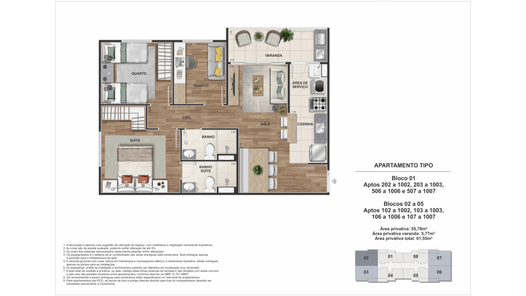 Planta 3 quartos com suite 61,55 m2 - Origem Porto Imperial Riva no Porto Maravilha