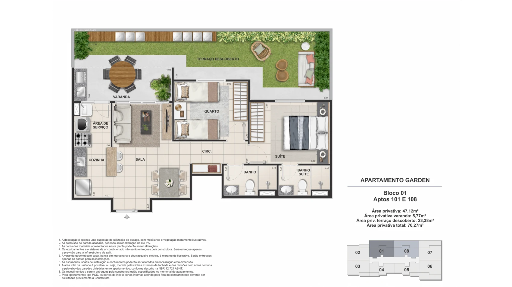 Planta garden 2 quartos com suite 76,7 m2 - Origem Porto Imperial Riva no Porto Maravilha