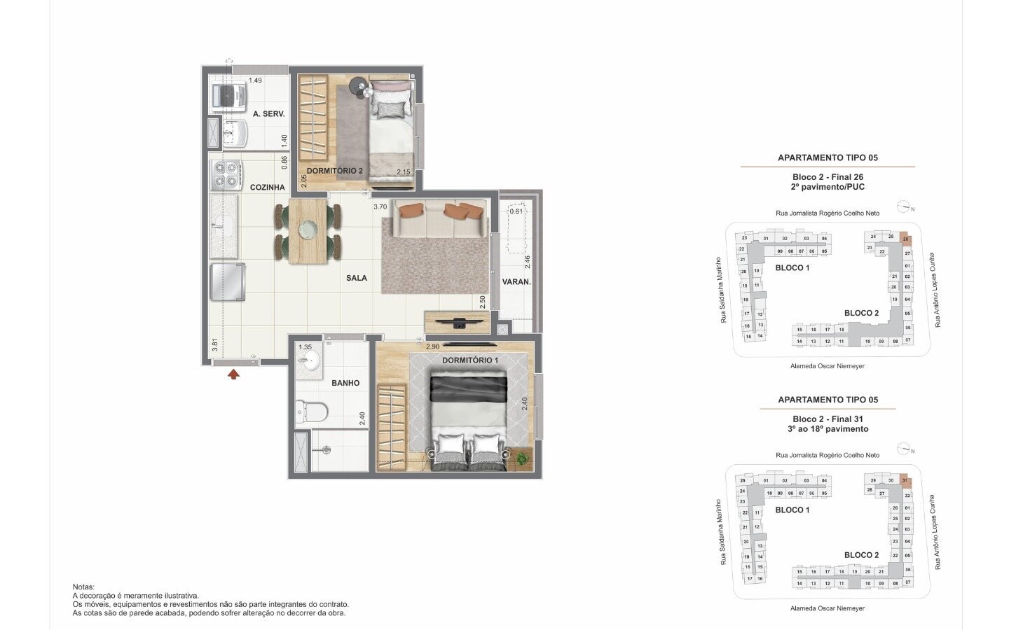 Planta de 2 quartos com varanda