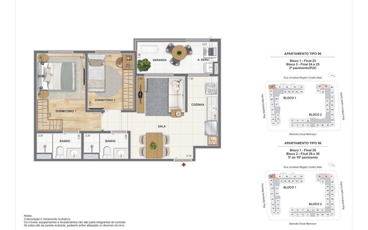 Planta de 2 quartos com suíte