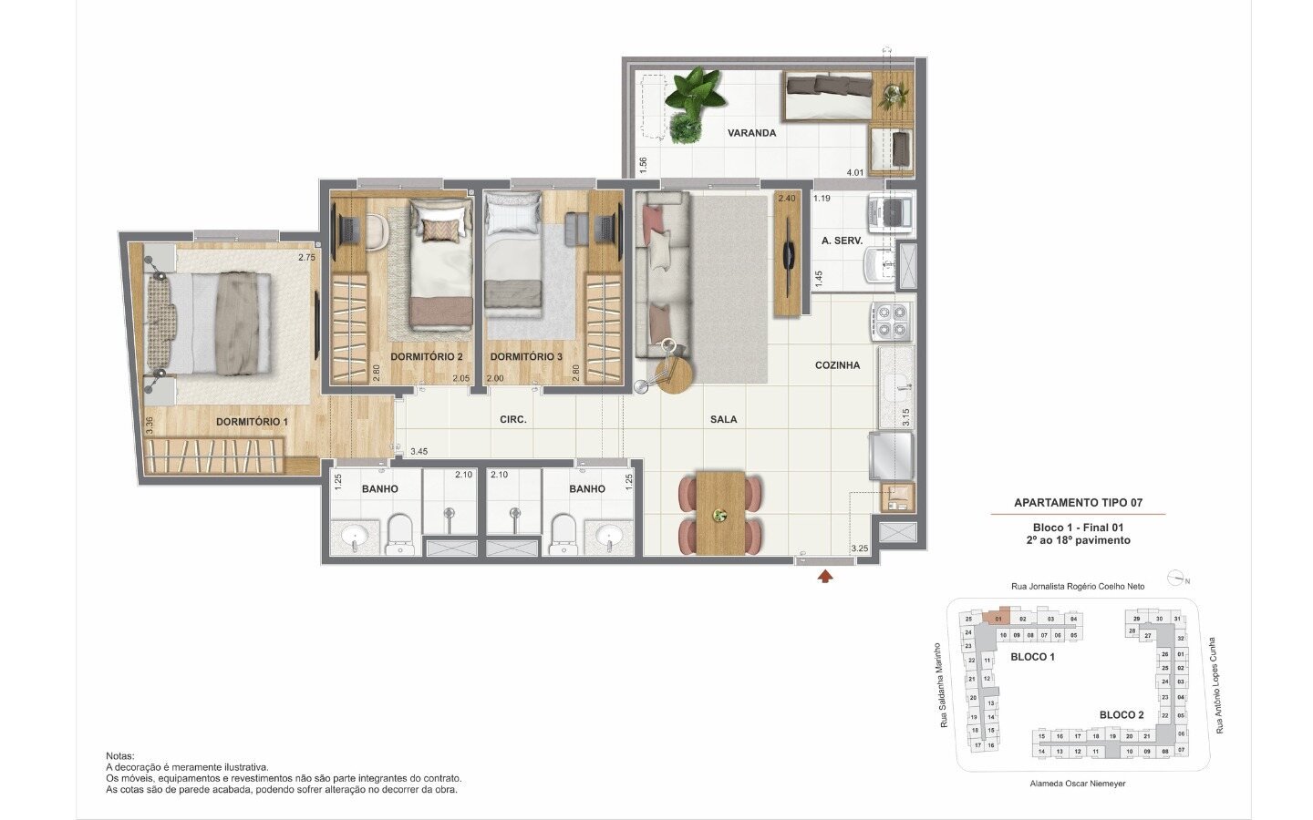 Planta de 3 quartos com suíte