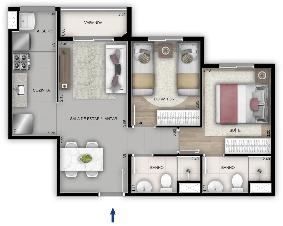 Planta de 2 quartos com suíte de 50,66 m² do Orla Recreio Praia do Pontal