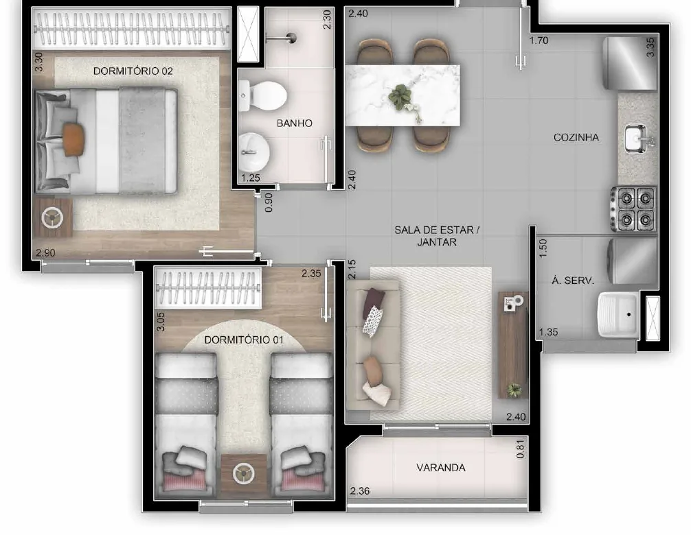Planta de 2 quartos de 47,46 m² do Orla Recreio Praia do Pontal