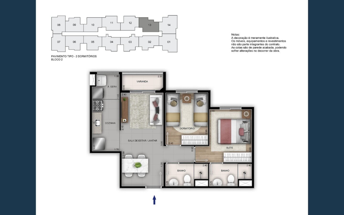 Planta de 2 quartos com suíte