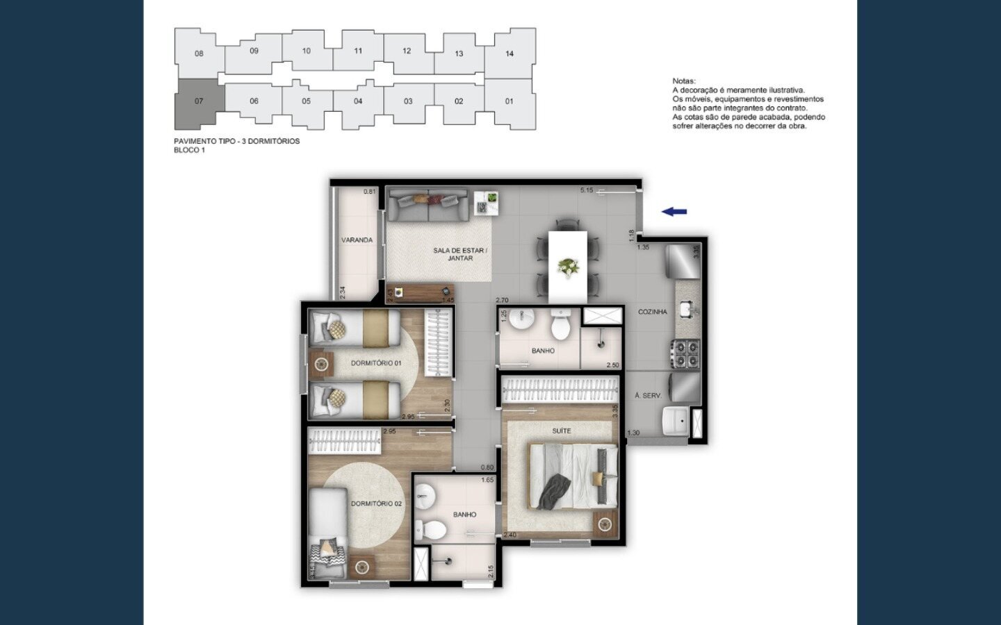 Planta de 3 quartos com suíte