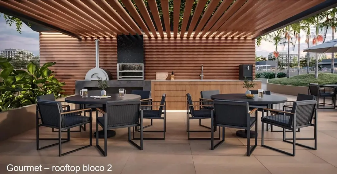 Espaço gourmet do rooftop do bloco 2 do Parque Sustentável da Gávea