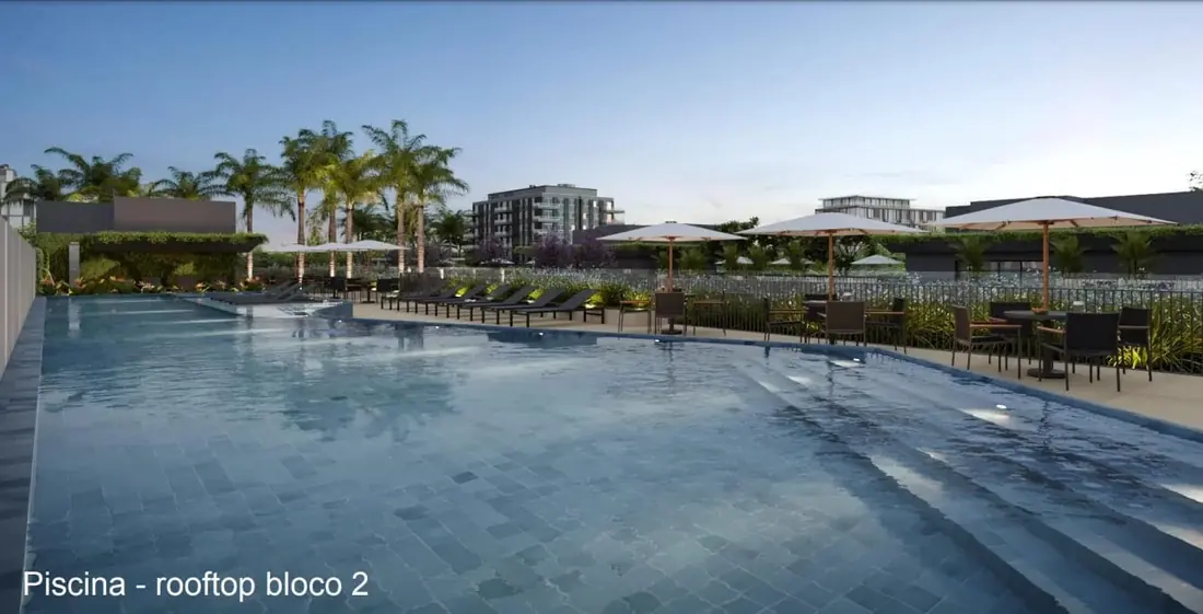 Piscina do rooftop do bloco 2 do Parque Sustentável da Gávea