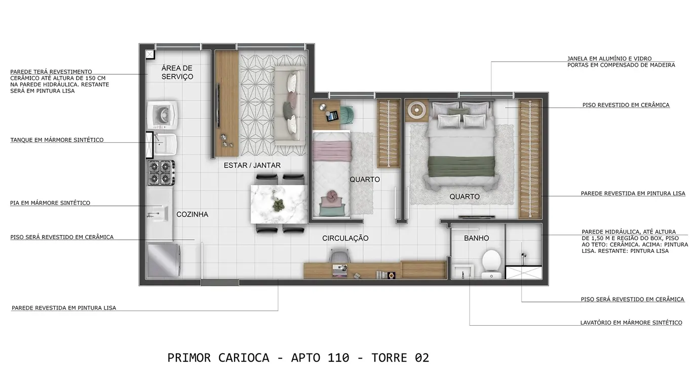 Planta 2 quartos 40 m2 Primor Carioca