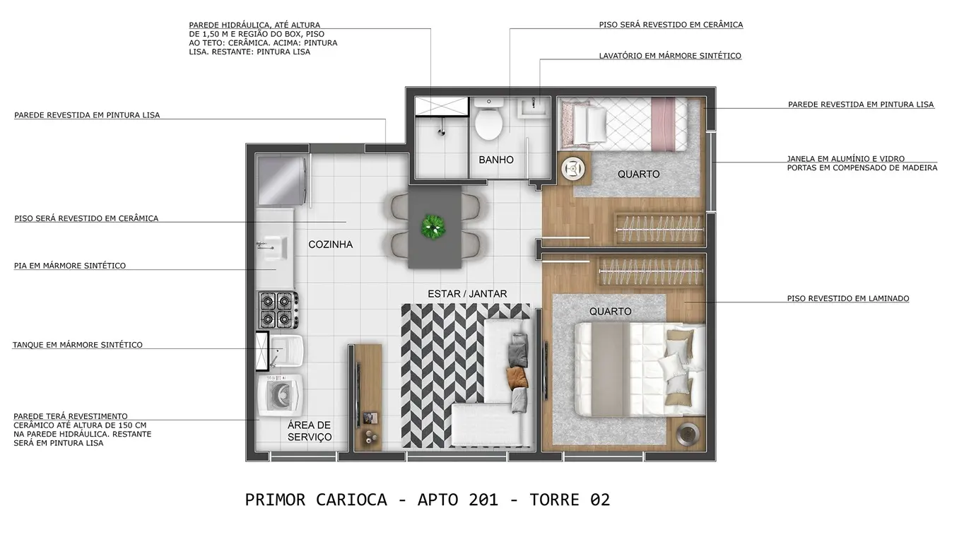 Planta garden 2 quartos 50 m2 Primor Carioca