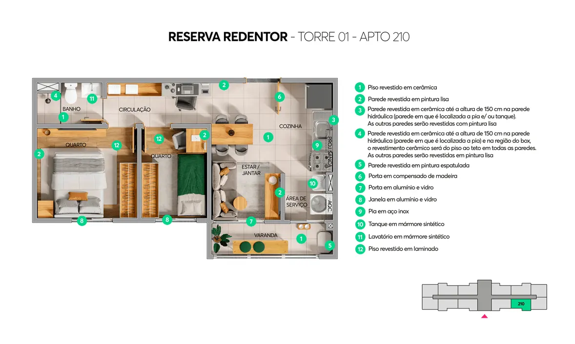 Planta 2 quartos 40 m2 Reserva Redentor